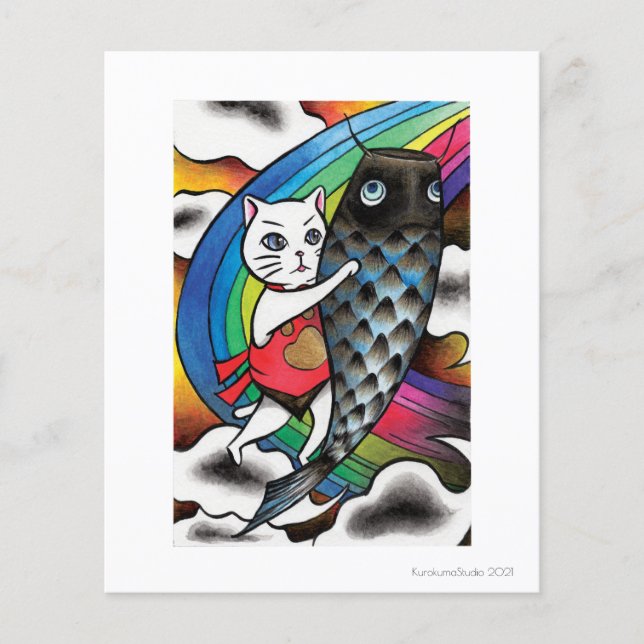 Weiße Katze mit Karpfen (Vorderseite)