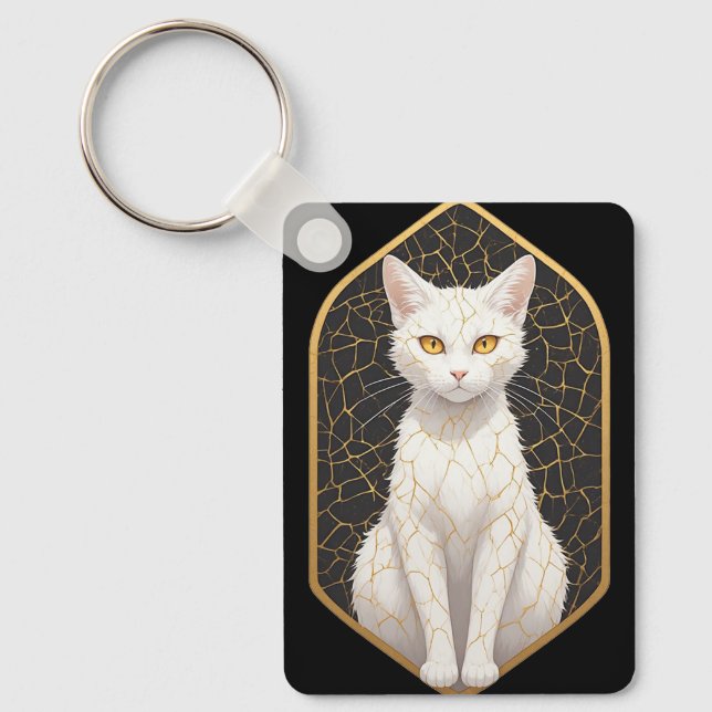 Weiße Katze mit Kintsugi-Muster 🐾 Schlüsselanhänger (Vorderseite)