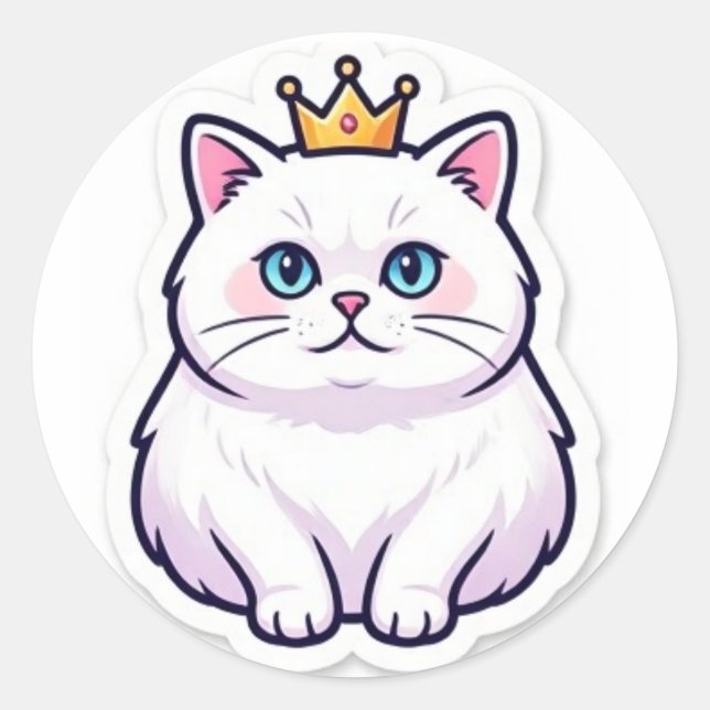 Weiße Katze mit Kronenaufkleber Süße Prinzessinnen Runder Aufkleber (Vorderseite)