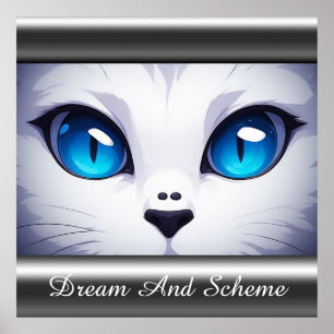Weiße Katze mit leuchtend blauen Augen Poster