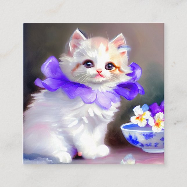 Weiße Katze mit Lila Blume Collar Painting Begleitkarte (Vorderseite)