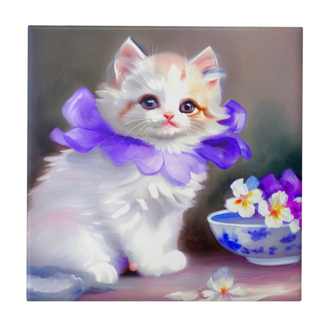 Weiße Katze mit Lila Blume Collar Painting Fliese (Vorderseite)