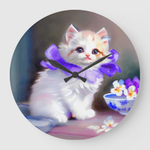 Weiße Katze mit Lila Blume Collar Painting Große Wanduhr