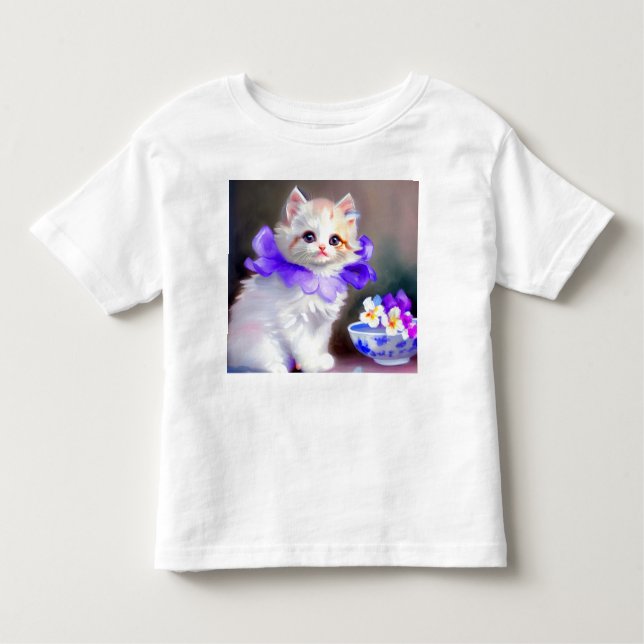 Weiße Katze mit Lila Blume Collar Painting Kleinkind T-shirt (Vorderseite)