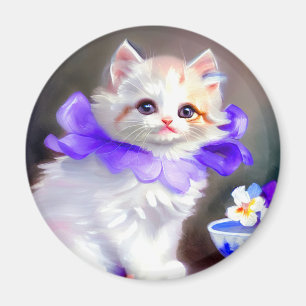 Weiße Katze mit Lila Blume Collar Painting Magnet