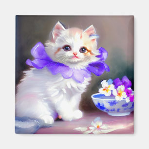 Weiße Katze mit Lila Blume Collar Painting Magnet