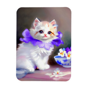 Weiße Katze mit Lila Blume Collar Painting Magnet