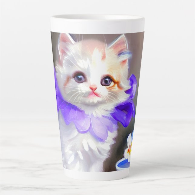 Weiße Katze mit Lila Blume Collar Painting Milchtasse (Vorderseite)