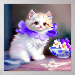 Weiße Katze mit Lila Blume Collar Painting Poster