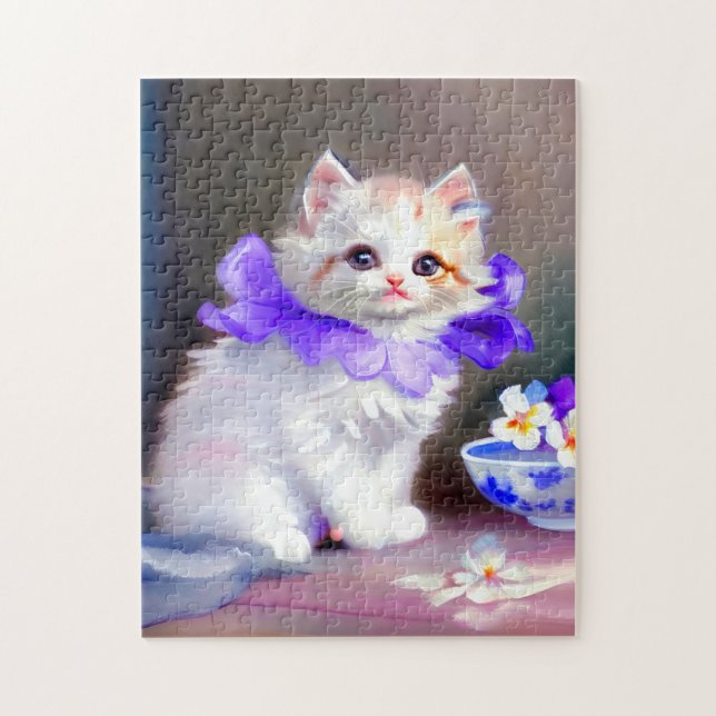 Weiße Katze mit Lila Blume Collar Painting Puzzle (Vertikal)