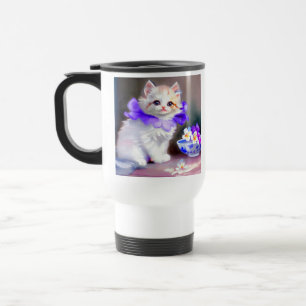 Weiße Katze mit Lila Blume Collar Painting Reisebecher