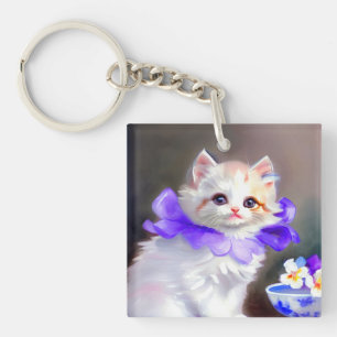 Weiße Katze mit Lila Blume Collar Painting Schlüsselanhänger