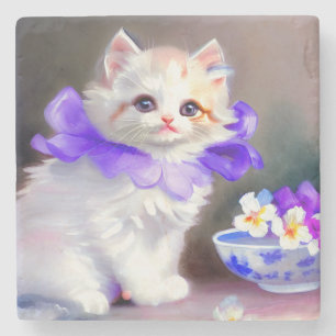 Weiße Katze mit Lila Blume Collar Painting Steinuntersetzer