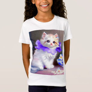 Weiße Katze mit Lila Blume Collar Painting T-Shirt