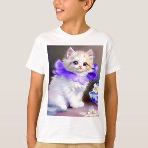 Weiße Katze mit Lila Blume Collar Painting T-Shirt
