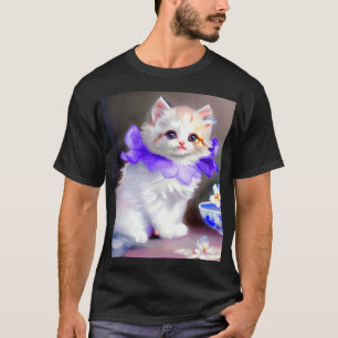 Weiße Katze mit Lila Blume Collar Painting T-Shirt