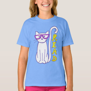 Weiße Katze mit Lila Brille mit Lesezeichen T-Shirt
