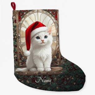 Weiße Katze mit Nikolausmützen-Strumpf Großer Weihnachtsstrumpf