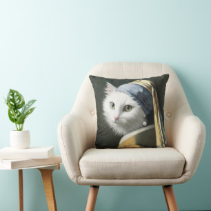 Weiße Katze mit Perlenohrmalerei Kissen