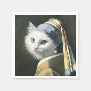 Weiße Katze mit Perlenohrmalerei Serviette