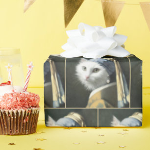 Weiße Katze mit Perlenohrring Geschenkpapier