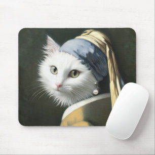 Weiße Katze mit Perlenohrring Mousepad