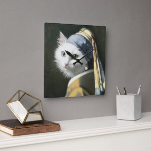 Weiße Katze mit Perlenohrring Vintage-Porträt Quadratische Wanduhr