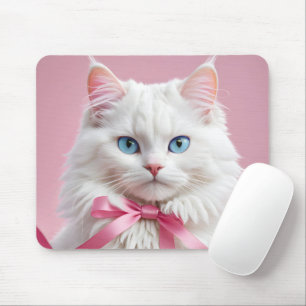 Weiße Katze mit rosa Band Mousepad