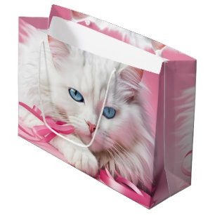 Weiße Katze mit rosa Bändern Große Geschenktüte