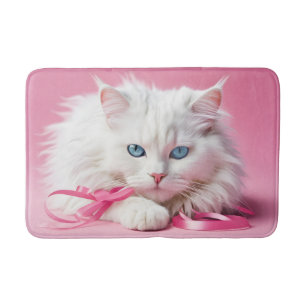 Weiße Katze mit rosa Ribbons Badematte