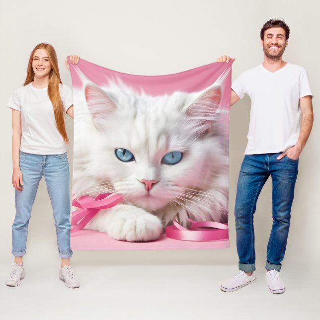 Weiße Katze mit rosa Ribbons Fleecedecke (Beispiel)