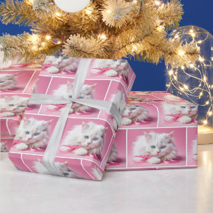 Weiße Katze mit rosa Ribbons Geschenkpapier