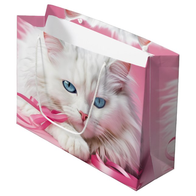 Weiße Katze mit rosa Ribbons Große Geschenktüte (Vorderseite Schrägansicht)