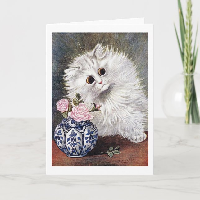 Weiße Katze mit rosa Rosen, Louis Wain Karte (Vorderseite)