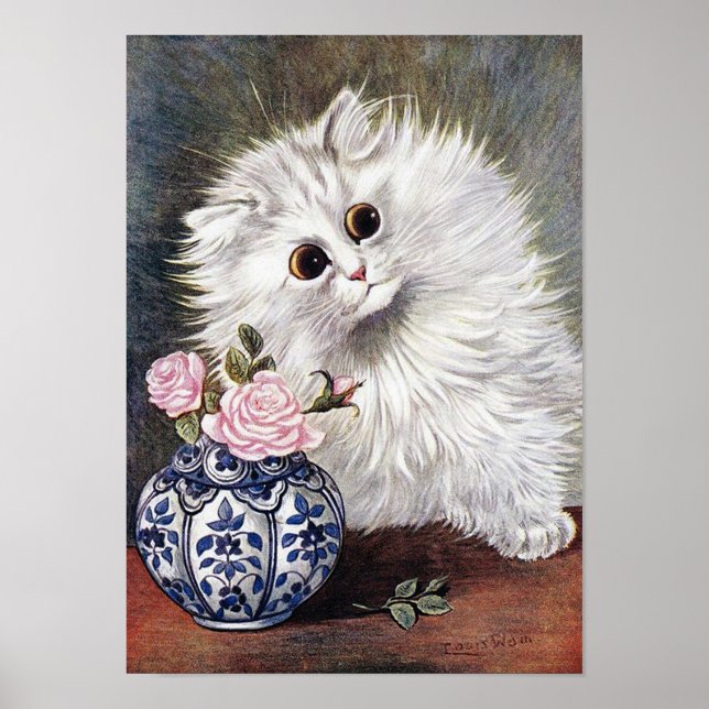 Weiße Katze mit rosa Rosen, Louis Wain Poster (Vorne)