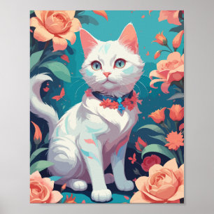 Weiße Katze mit rosa Rosen Poster