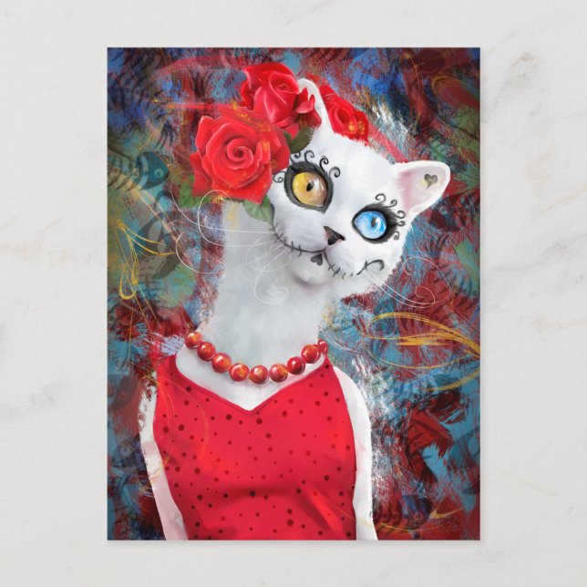 Weiße Katze mit Rose Postkarte (Vorderseite)