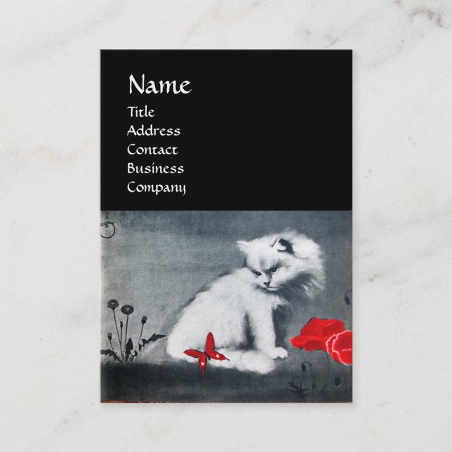 WEISSE KATZE MIT ROTEBUTTERFLY-MONOGRAMM, Perle Visitenkarte (Vorderseite)