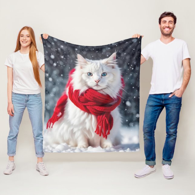Weiße Katze mit rotem Wintertraf Fleecedecke (Beispiel)