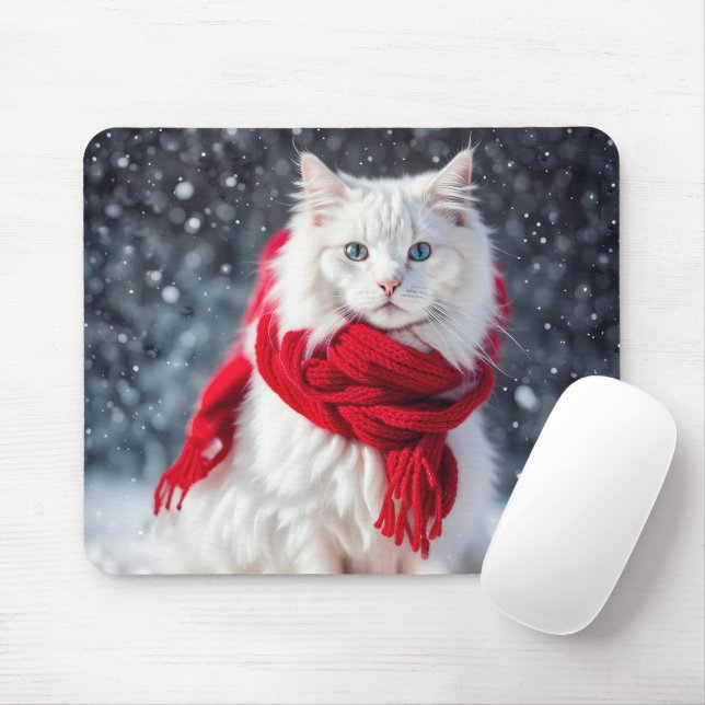 Weiße Katze mit rotem Wintertraf Mousepad (Mit Mouse)
