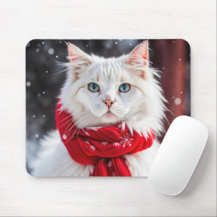 Weiße Katze mit rotem Wintertraf Mousepad
