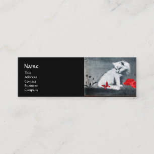 WEISSE KATZE MIT ROTER BUTTERFLY MONOGRAM Perlpapi Mini Visitenkarte