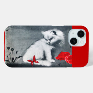 WEISSE KATZE MIT ROTER SCHALTFLÄCHE iPhone 15 HÜLLE
