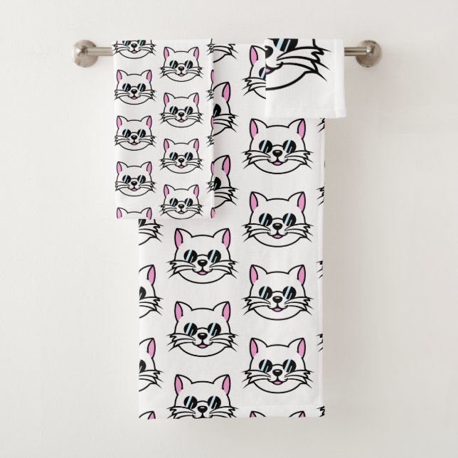 Weiße Katze mit schwarzer Brille / Sonnenbrille Badhandtuch Set (Insitu)