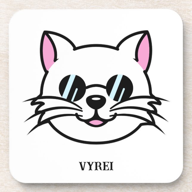 Weiße Katze mit schwarzer Brille / Sonnenbrille Getränkeuntersetzer (Vorderseite)