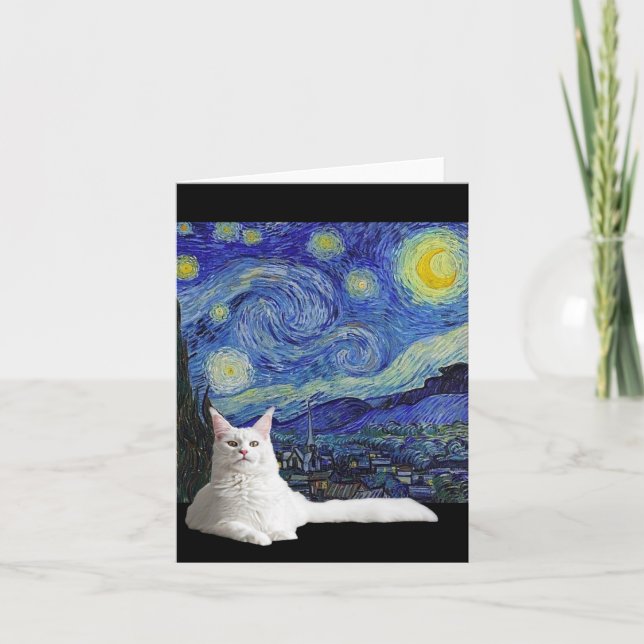 Weiße Katze mit Van Gogh Starry Night Card Karte (Vorderseite)