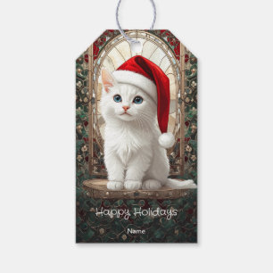 Weiße Katze mit Weihnachtsmannmütze Geschenkanhäng Geschenkanhänger