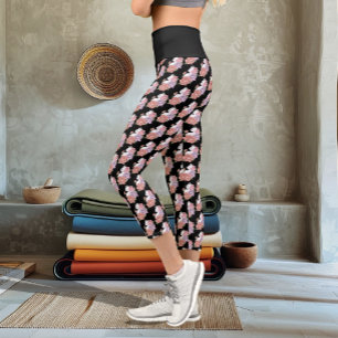 Weiße Katze Pastell-Blumen Schwarz Romantische Bot Capri Leggings