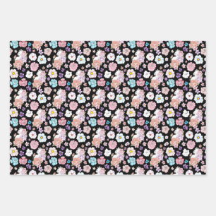 Weiße Katze Pastell Blumen Schwarz Romantische Bot Geschenkpapier Set