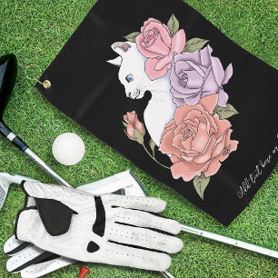 Weiße Katze Pastell-Blumen Schwarz Romantische Bot Golfhandtuch